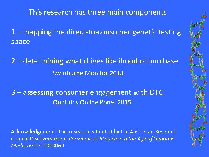 This research has three main components 1 – mapping the direct-to-consumer genetic testing space