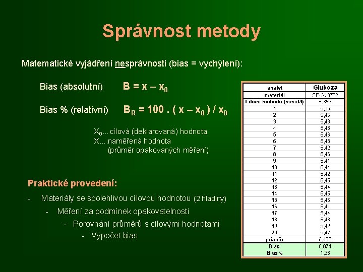 Správnost metody Matematické vyjádření nesprávnosti (bias = vychýlení): Bias (absolutní) B = x –