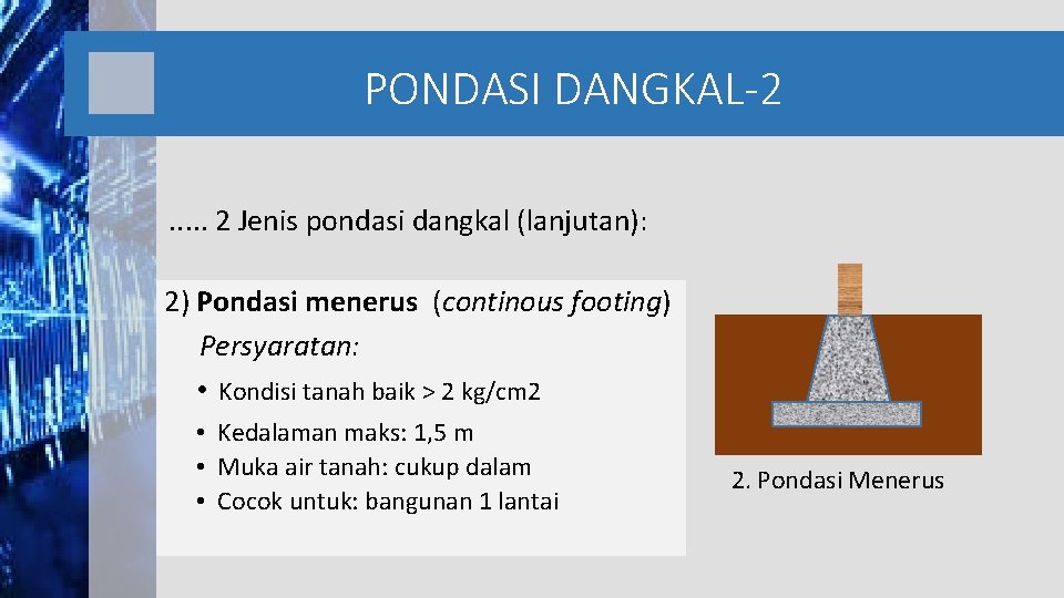 PONDASI DANGKAL-2. . . 2 Jenis pondasi dangkal (lanjutan): 2) Pondasi menerus (continous footing)