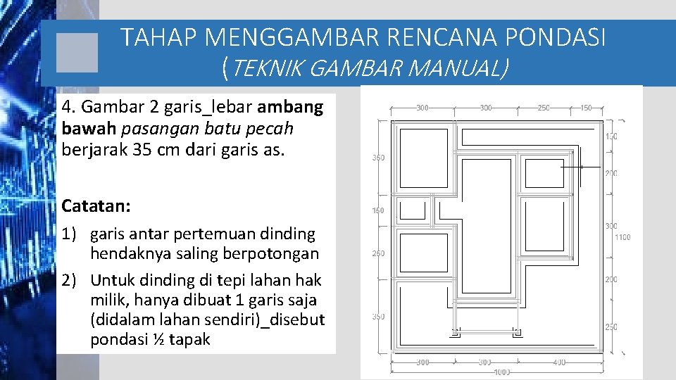 TAHAP MENGGAMBAR RENCANA PONDASI (TEKNIK GAMBAR MANUAL) 4. Gambar 2 garis_lebar ambang bawah pasangan