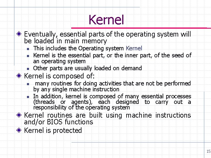 Kernel Eventually, essential parts of the operating system will be loaded in main memory Kernel Eventually, essential parts of the operating system will be loaded in main memory