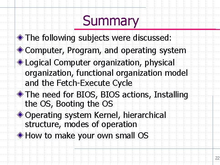 Summary The following subjects were discussed: Computer, Program, and operating system Logical Computer organization, Summary The following subjects were discussed: Computer, Program, and operating system Logical Computer organization,