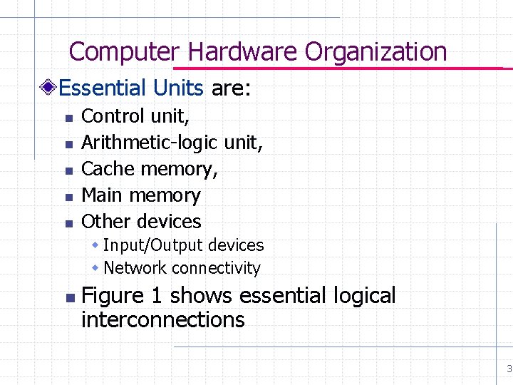 Computer Hardware Organization Essential Units are: n n n Control unit, Arithmetic-logic unit, Cache Computer Hardware Organization Essential Units are: n n n Control unit, Arithmetic-logic unit, Cache