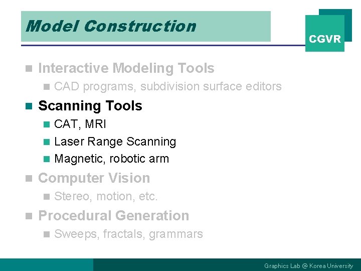 Model Construction n Interactive Modeling Tools n n CGVR CAD programs, subdivision surface editors