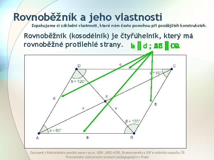 Rovnoběžník a jeho vlastnosti Zopakujeme si základní vlastnosti, které nám často pomohou při pozdějších