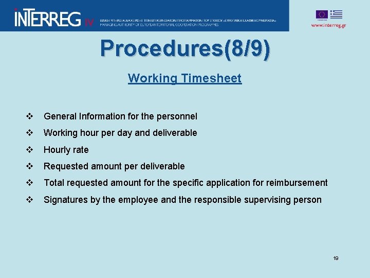 Procedures(8/9) Working Timesheet v General Information for the personnel v Working hour per day