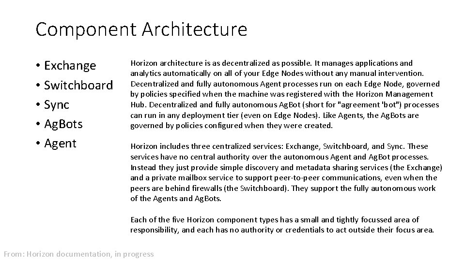 Component Architecture • Exchange • Switchboard • Sync • Ag. Bots • Agent Horizon