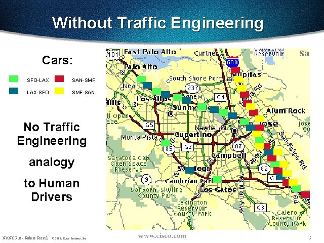 Without Traffic Engineering Cars: SFO-LAX SAN-SMF LAX-SFO SMF-SAN No Traffic Engineering analogy to Human