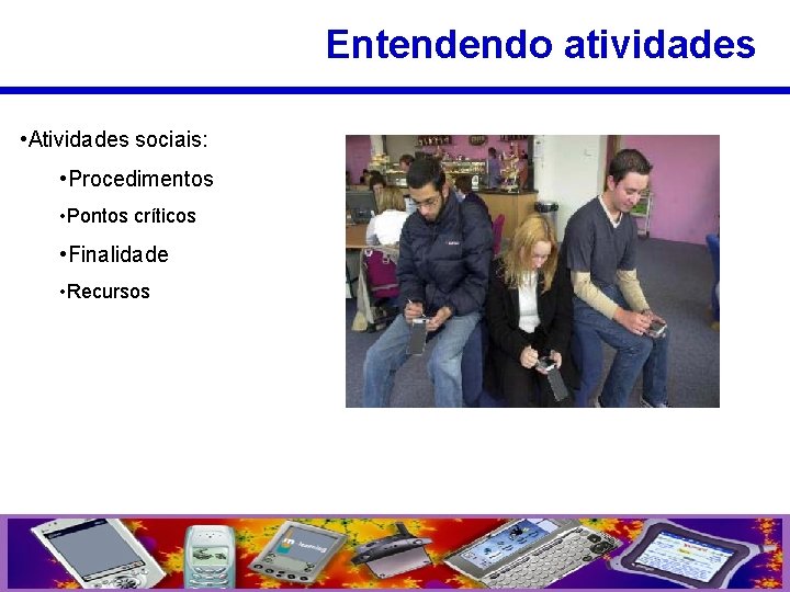 Entendendo atividades • Atividades sociais: • Procedimentos • Pontos críticos • Finalidade • Recursos