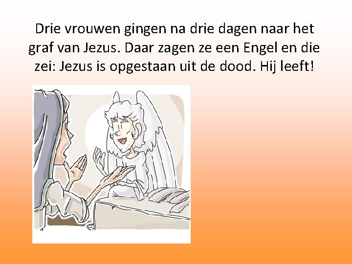 Drie vrouwen gingen na drie dagen naar het graf van Jezus. Daar zagen ze