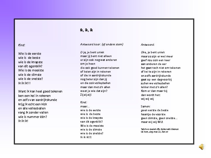 Ik, ik Kind: Antwoord koor: (of andere stem) Antwoord: Wie is de eerste wie