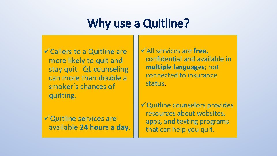 Why use a Quitline? üCallers to a Quitline are more likely to quit and