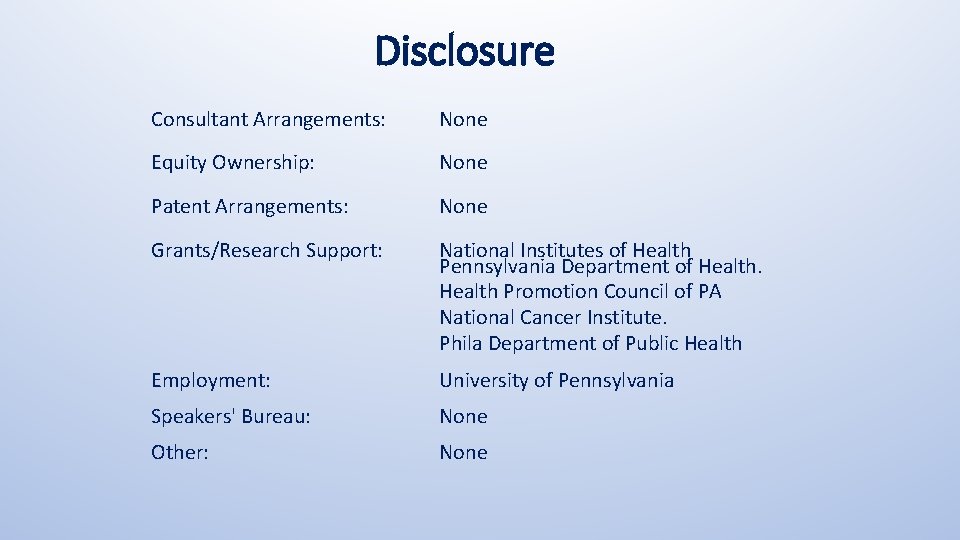 Disclosure Consultant Arrangements: None Equity Ownership: None Patent Arrangements: None Grants/Research Support: National Institutes