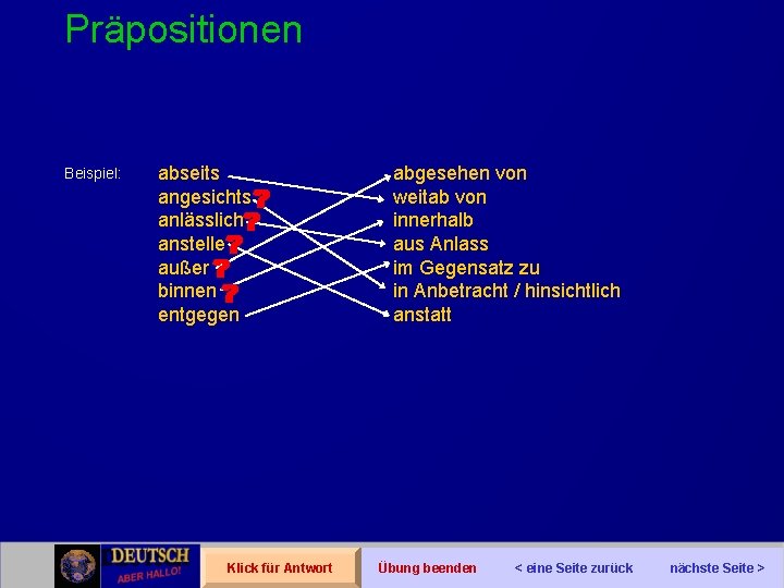 Präpositionen Beispiel: abseits angesichts anlässlich anstelle außer binnen entgegen Klick für Antwort abgesehen von