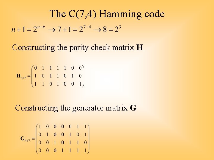 The C(7, 4) Hamming code Constructing the parity check matrix H Constructing the generator