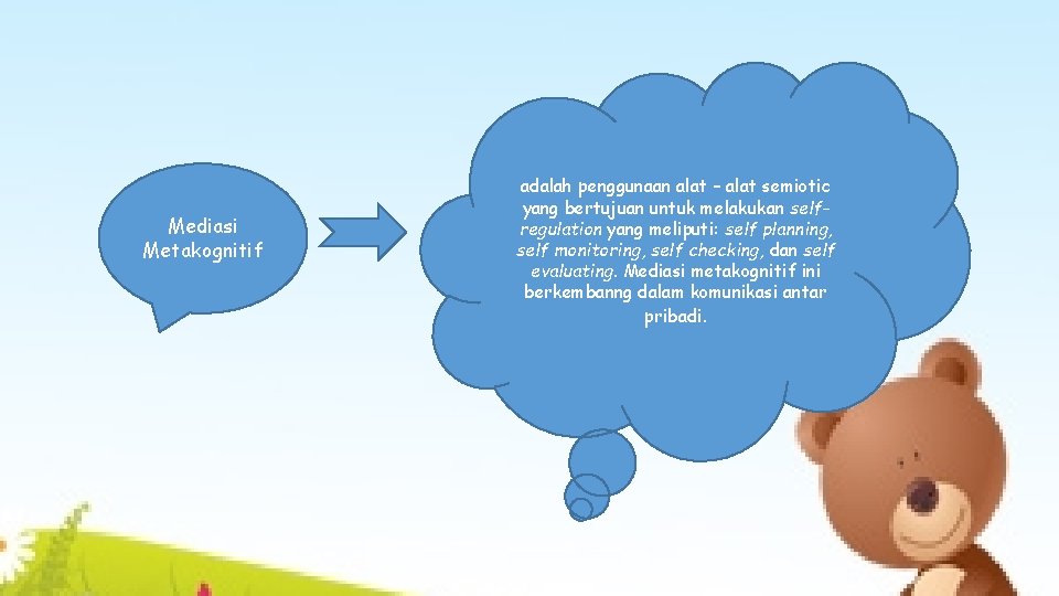 Mediasi Metakognitif adalah penggunaan alat – alat semiotic yang bertujuan untuk melakukan selfregulation yang