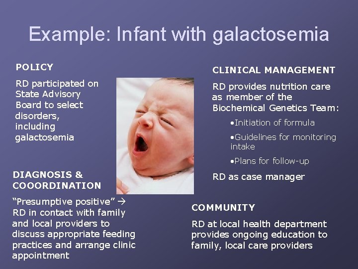 Example: Infant with galactosemia POLICY CLINICAL MANAGEMENT RD participated on State Advisory Board to