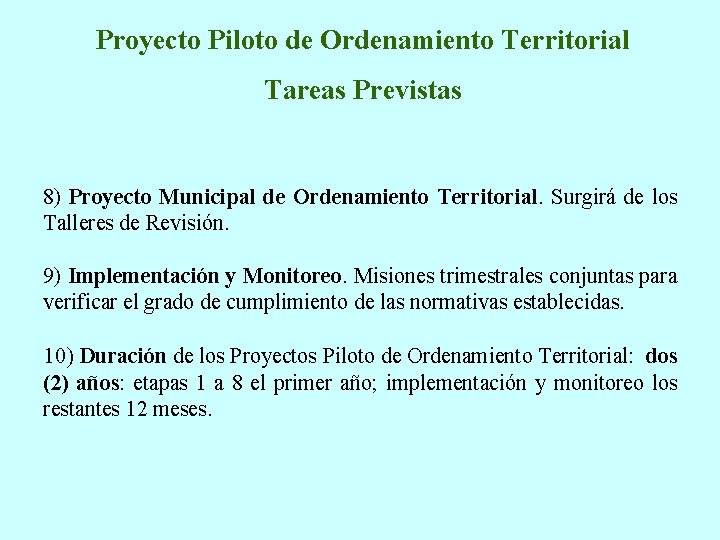 Proyecto Piloto de Ordenamiento Territorial Tareas Previstas 8) Proyecto Municipal de Ordenamiento Territorial. Surgirá