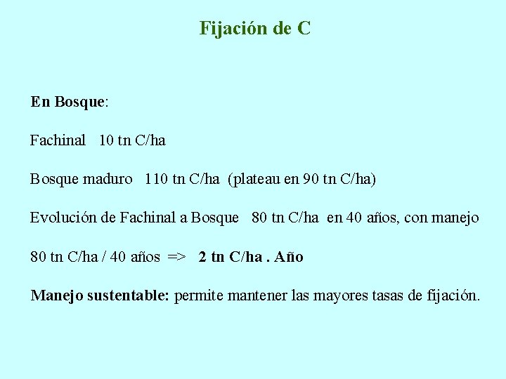 Fijación de C En Bosque: Fachinal 10 tn C/ha Bosque maduro 110 tn C/ha