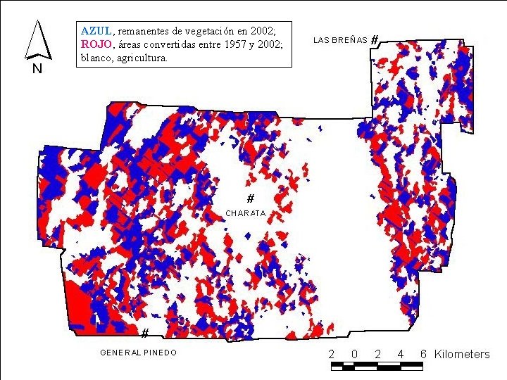 AZUL, remanentes de vegetación en 2002; ROJO, áreas convertidas entre 1957 y 2002; blanco,