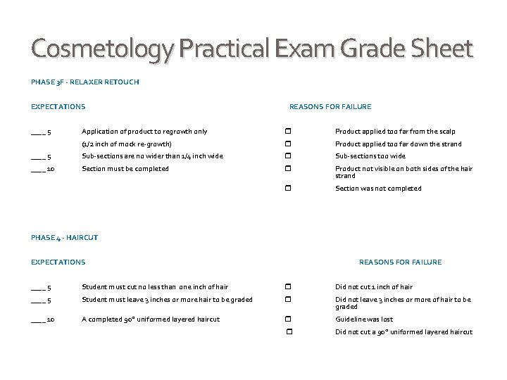 Cosmetology Practical Exam Grade Sheet PHASE 3 F - RELAXER RETOUCH EXPECTATIONS ____ 5