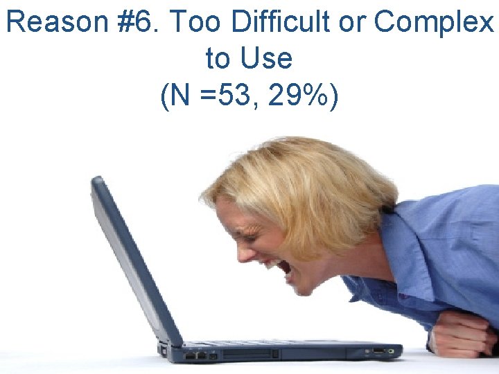 Reason #6. Too Difficult or Complex to Use (N =53, 29%) 