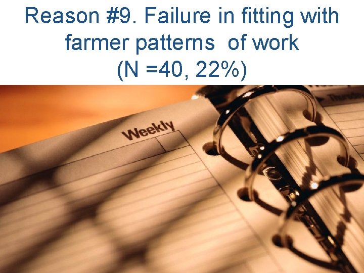 Reason #9. Failure in fitting with farmer patterns of work (N =40, 22%) 