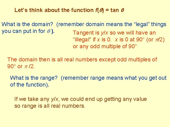 Let’s think about the function f( ) = tan What is the domain? (remember