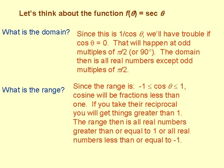 Let’s think about the function f( ) = sec What is the domain? Since