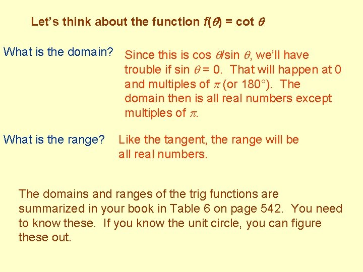 Let’s think about the function f( ) = cot What is the domain? Since