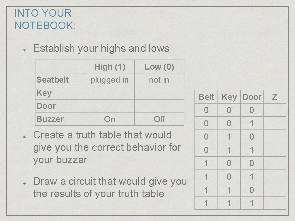 INTO YOUR NOTEBOOK: Establish your highs and lows Seatbelt High (1) Low (0) plugged