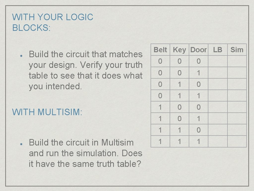 WITH YOUR LOGIC BLOCKS: Build the circuit that matches your design. Verify your truth
