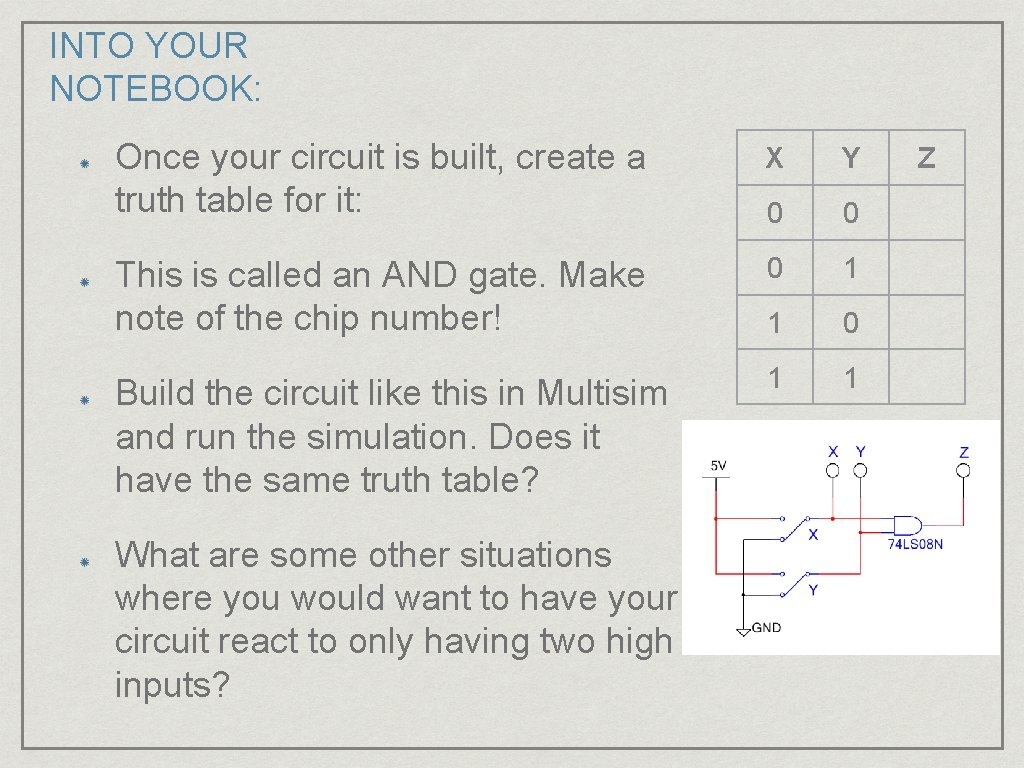 INTO YOUR NOTEBOOK: Once your circuit is built, create a truth table for it: