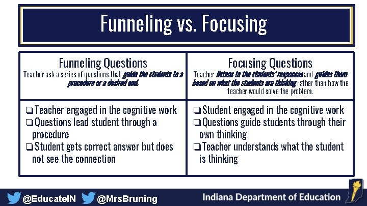 Funneling vs. Focusing Funneling Questions Focusing Questions Teacher ask a series of questions that