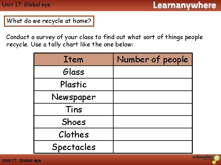 Geography Unit 17: Global eye What do we recycle at home? Conduct a survey