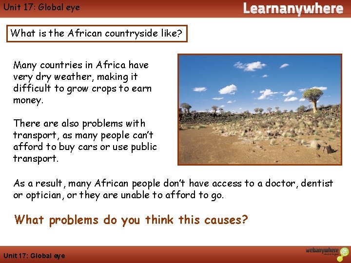 Unit 17: Global eye Geography What is the African countryside like? Many countries in