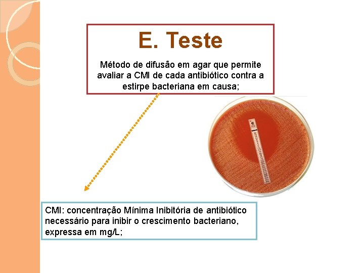 E. Teste Método de difusão em agar que permite avaliar a CMI de cada