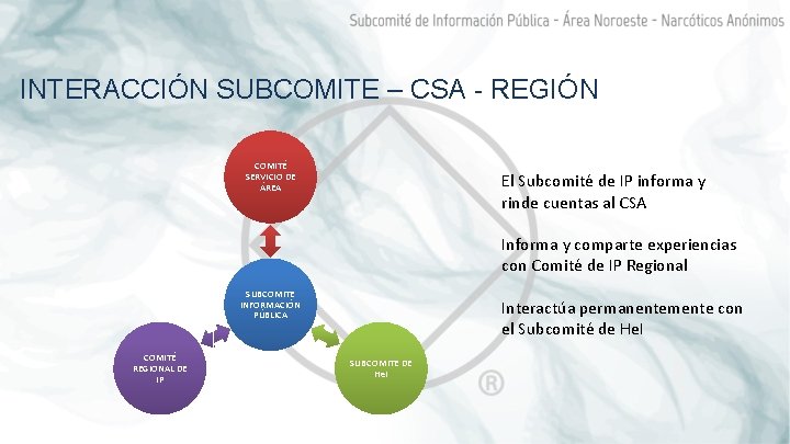 INTERACCIÓN SUBCOMITE – CSA - REGIÓN COMITÉ SERVICIO DE ÁREA El Subcomité de IP