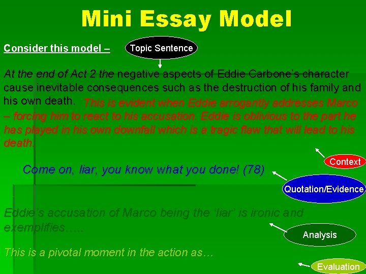 Mini Essay Model Consider this model – Topic Sentence At the end of Act