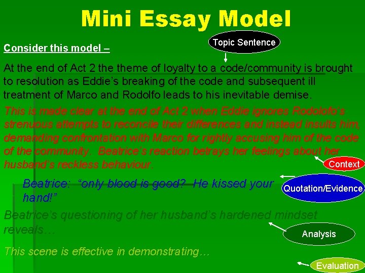 Mini Essay Model Consider this model – Topic Sentence At the end of Act