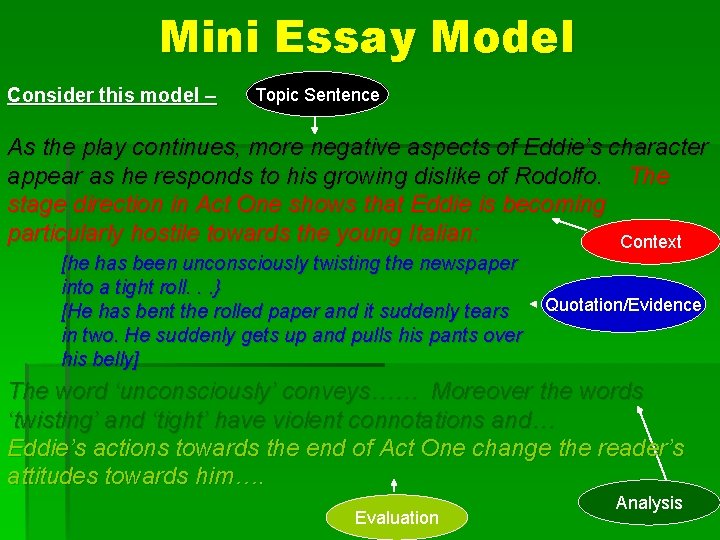 Mini Essay Model Consider this model – Topic Sentence As the play continues, more