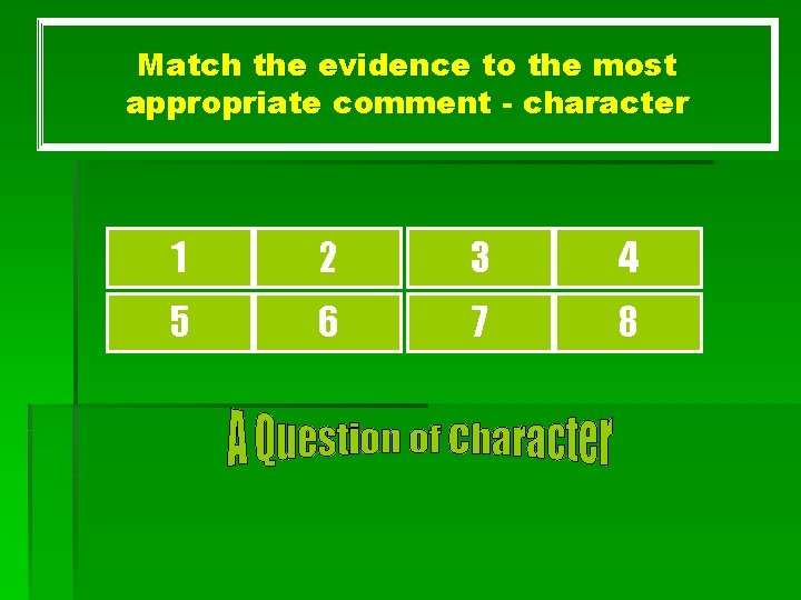 Match the evidence to the most appropriate comment - character 1 2 3 4