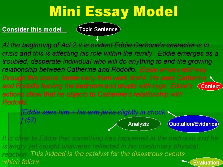 Mini Essay Model Consider this model – Topic Sentence At the beginning of Act