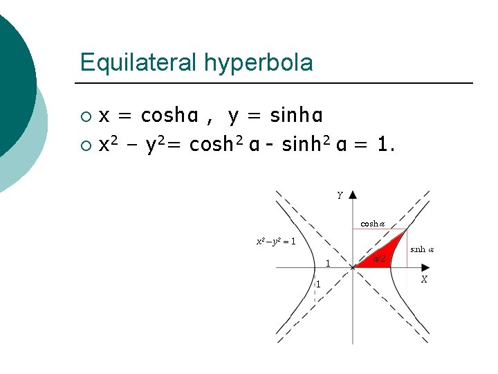 Equilateral hyperbola x = coshα , y = sinhα ¡ x 2 – y