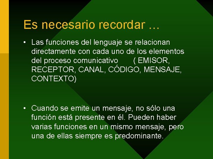 Es necesario recordar … • Las funciones del lenguaje se relacionan directamente con cada