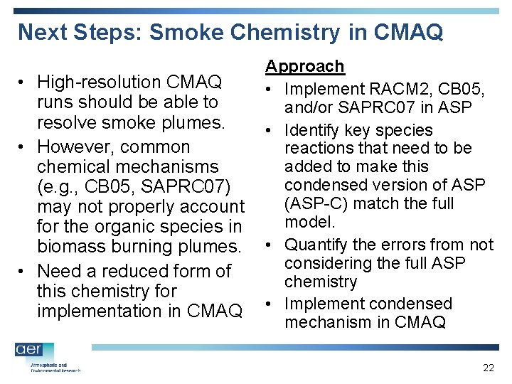 Next Steps: Smoke Chemistry in CMAQ Approach • High-resolution CMAQ • Implement RACM 2,