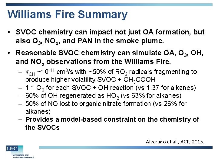 Williams Fire Summary • SVOC chemistry can impact not just OA formation, but also