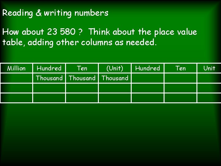 Reading & writing numbers How about 23 580 ? Think about the place value
