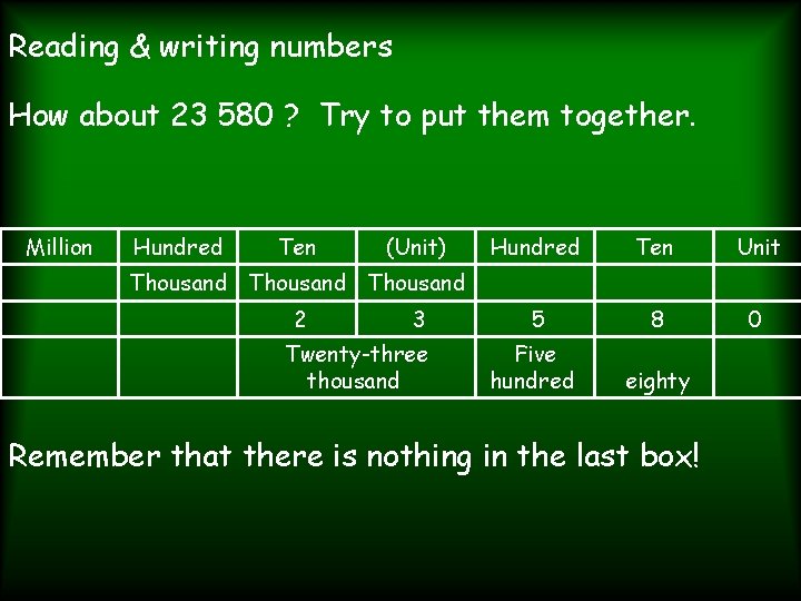 Reading & writing numbers How about 23 580 ? Try to put them together.