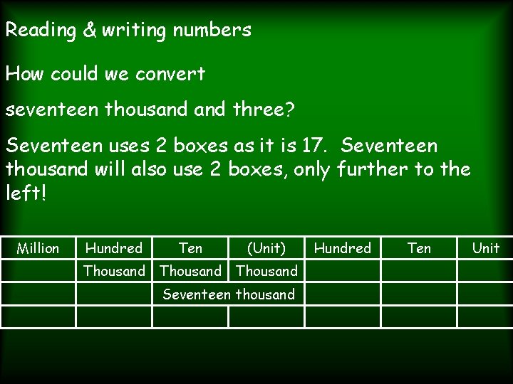Reading & writing numbers How could we convert seventeen thousand three? Seventeen uses 2